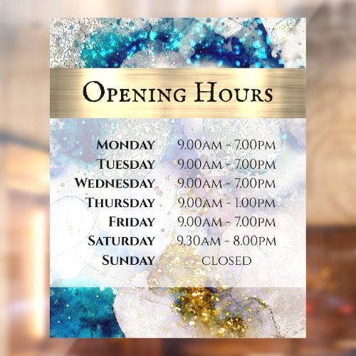 Blue Gold Silver Glitter Watercolor Opening Hours Window Cling