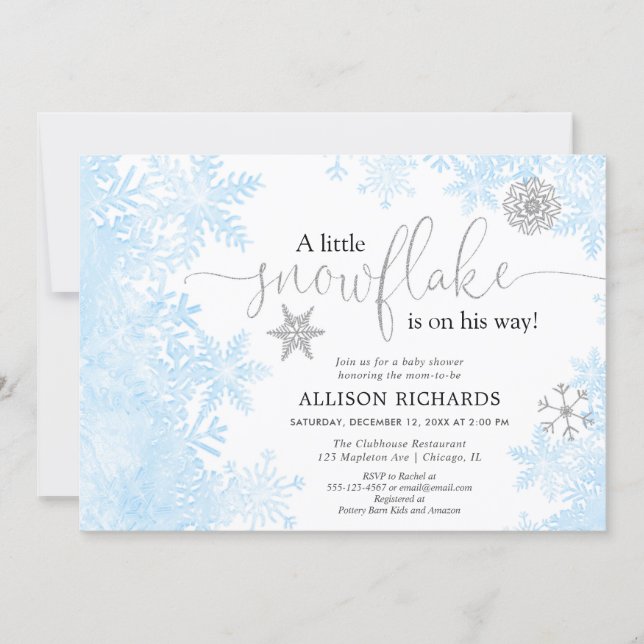 Blue gold silver snowflake winter boy baby shower invitation (Front)