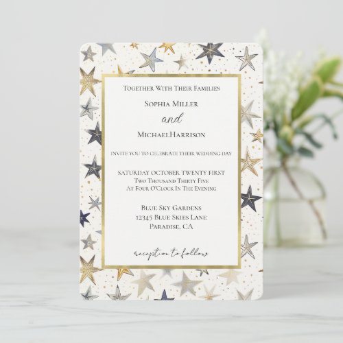 Blue Gold Silver Stars Wedding Invitation