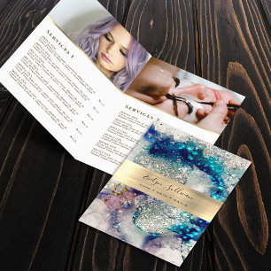 Blue gold silver watercolor service menu brochure