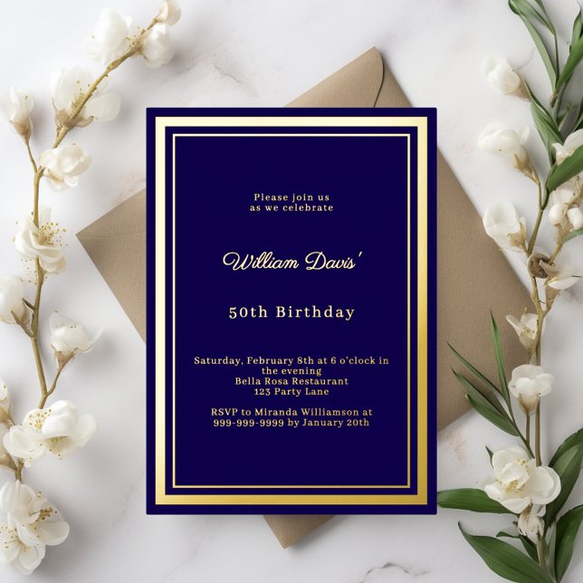 Blue gold simple luxury birthday foil invitation (Creator Uploaded)