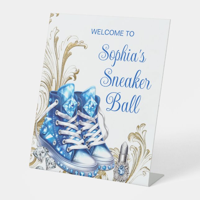 Blue Gold Sneaker Ball Welcome Table Pedestal Sign (Front)