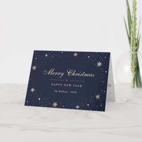 Blue Gold Snow Snowflakes Modern Holiday Card
