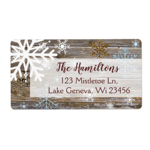 Blue Gold Snowflake and Wood Christmas or Holidays Label
