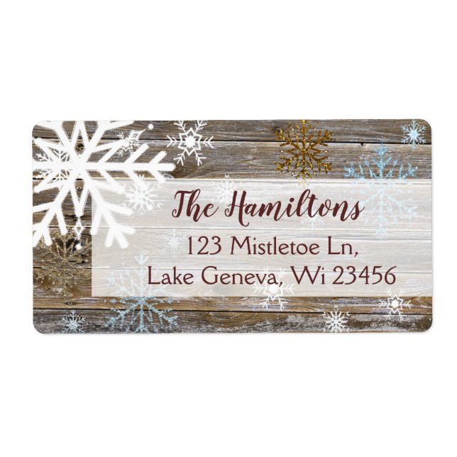 Blue Gold Snowflake and Wood Christmas or Holidays Label (Front)