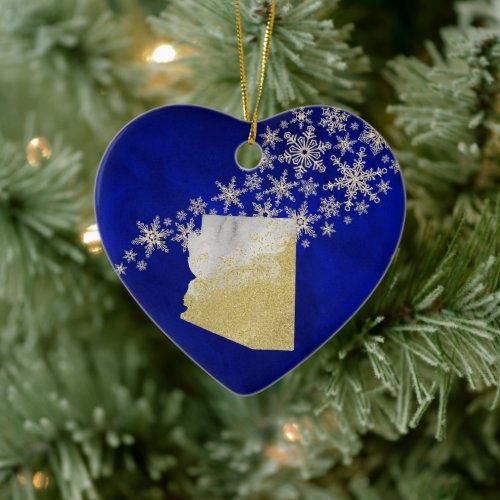 Blue Gold Snowflake Arizona Heart Ceramic Ornament