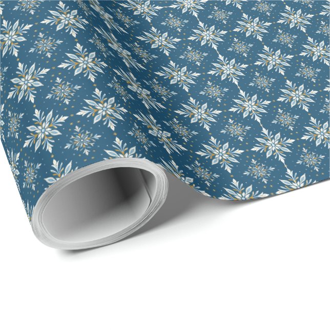 Blue Gold Snowflake Holiday Christmas Gift Wrap (Roll Corner)