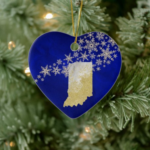 Blue Gold Snowflake Indiana Heart Ceramic Ornament