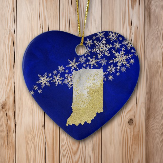 Blue Gold Snowflake Indiana Heart Ceramic Ornament (Creator Uploaded)