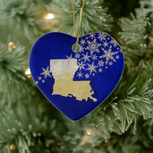 Blue Gold Snowflake Louisiana Heart Ceramic Ornament