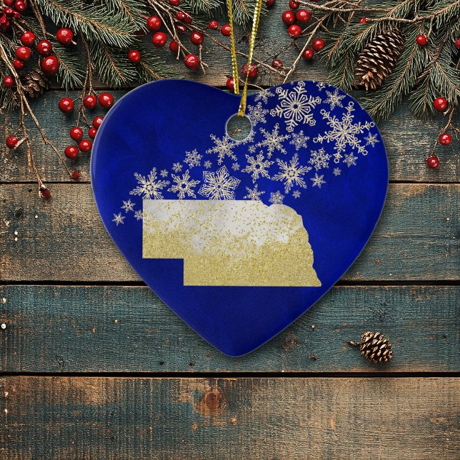 Blue Gold Snowflake Nebraska Heart Ceramic Ornament (Creator Uploaded)
