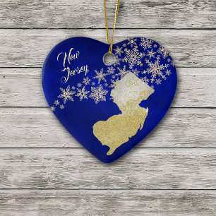Blue Gold Snowflake New Jersey Heart Ceramic Ornament