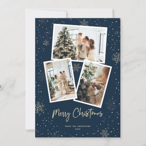 Blue Gold Snowflake Photo Merry Christmas Card