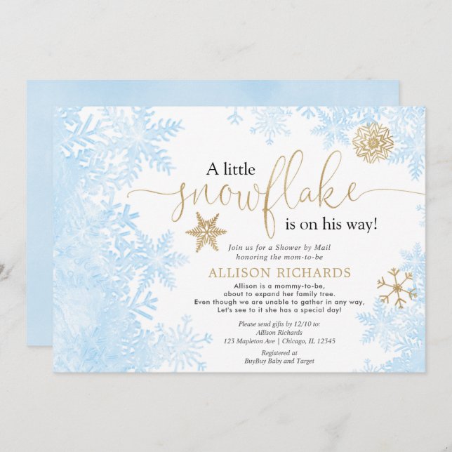 Blue gold snowflake Shower by Mail boy baby shower Invitation (Front/Back)