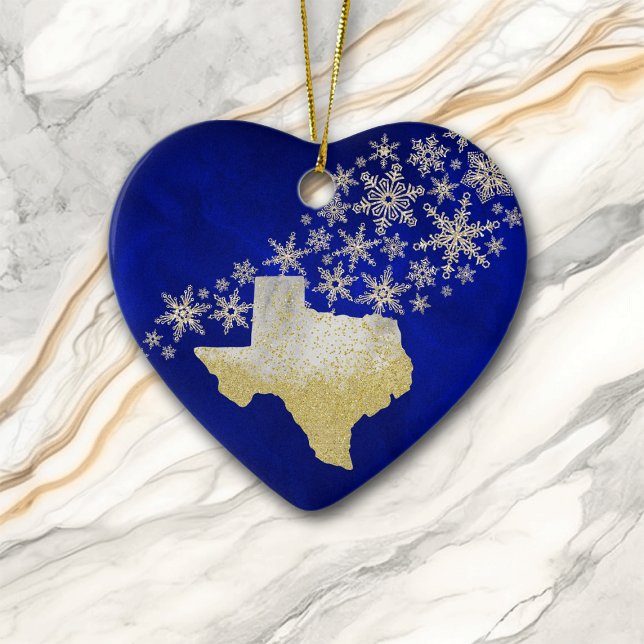 Blue Gold Snowflake Texas Heart Ceramic Ornament (Creator Uploaded)