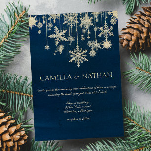 Blue gold snowflake winter wonderland Wedding Invitation