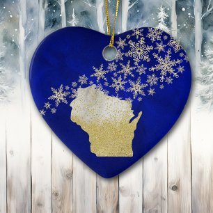 Blue Gold Snowflake Wisconsin Heart Ceramic Ornament
