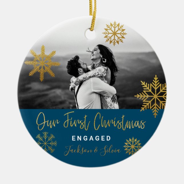 Blue Gold Snowflakes First Christmas Engaged Ceramic Ornament (Front)