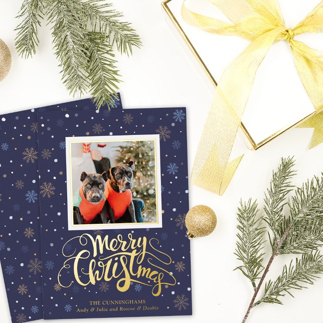 Blue Gold Snowflakes Merry Christmas Foil Holiday Card (Creator Uploaded)
