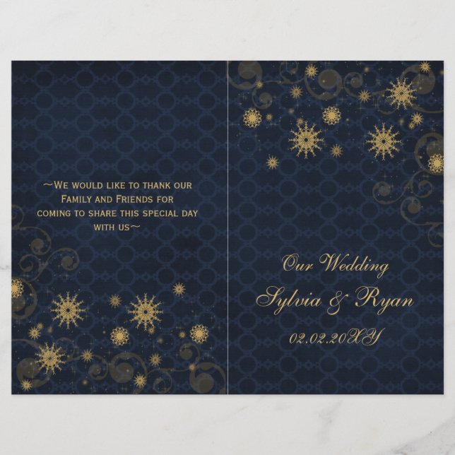 blue gold Snowflakes wedding programs folded (Front)