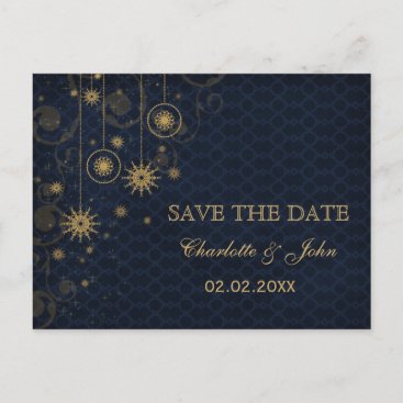 blue gold Snowflakes Winter save the Date Announcement Postcard