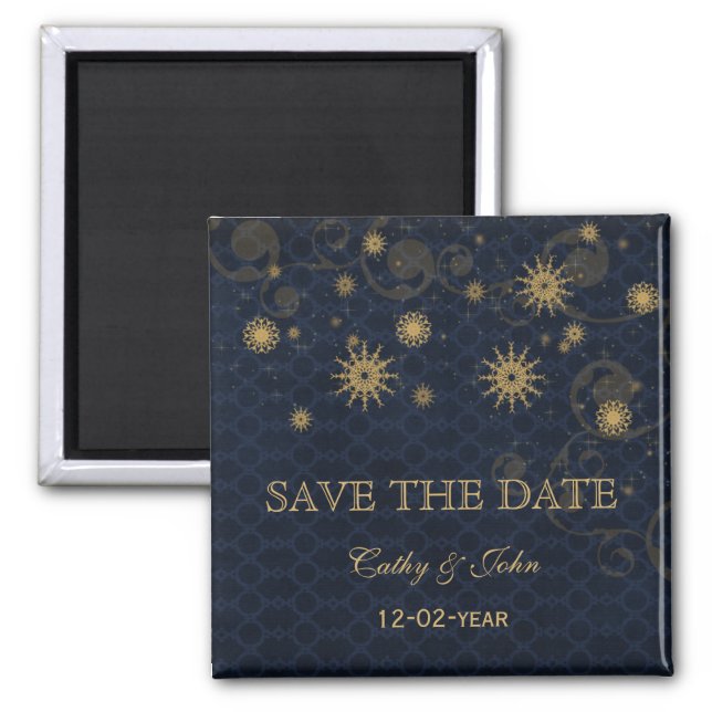 blue gold Snowflakes Winter save the Date Magnet (Front)