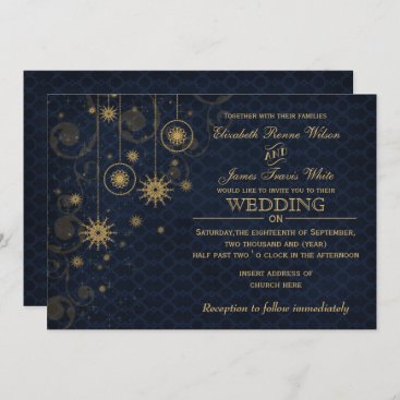 blue gold Snowflakes Winter wedding invitations