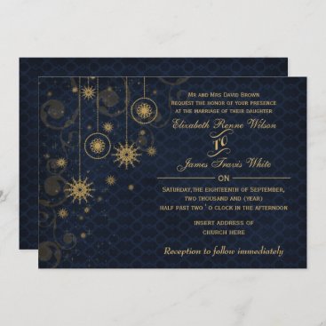 blue gold Snowflakes Winter wedding invitations