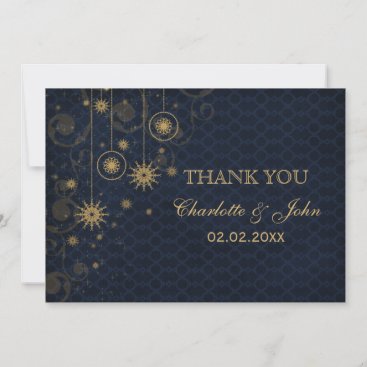 blue gold Snowflakes Winter  wedding Thank You Invitation
