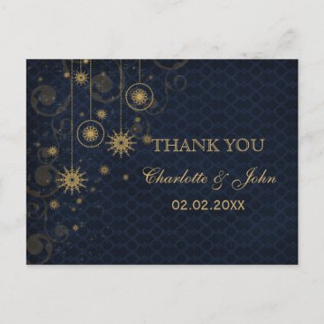 blue gold Snowflakes Winter wedding Thank You Postcard