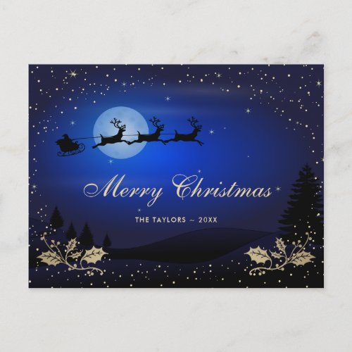 Blue Gold Snowy Winter Scene Merry Christmas Holiday Postcard