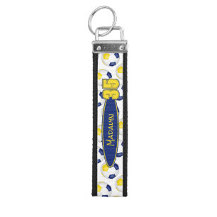 blue gold soccer balls athlete name wrist keychain