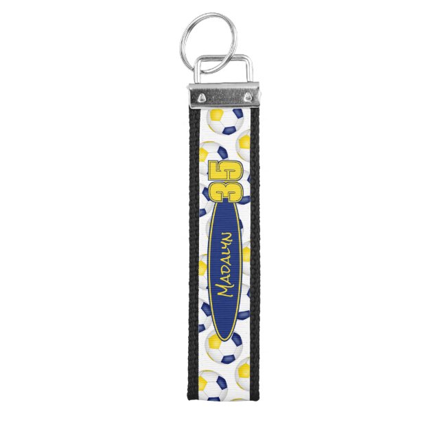 blue gold soccer balls athlete name wrist keychain (Keys on Top)