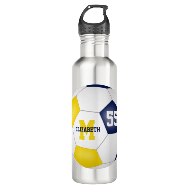 blue gold soccer girl boy school team colors stainless steel water bottle (Front)