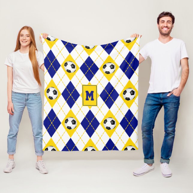 blue gold soccer team colors argyle pattern fleece blanket (In Situ)