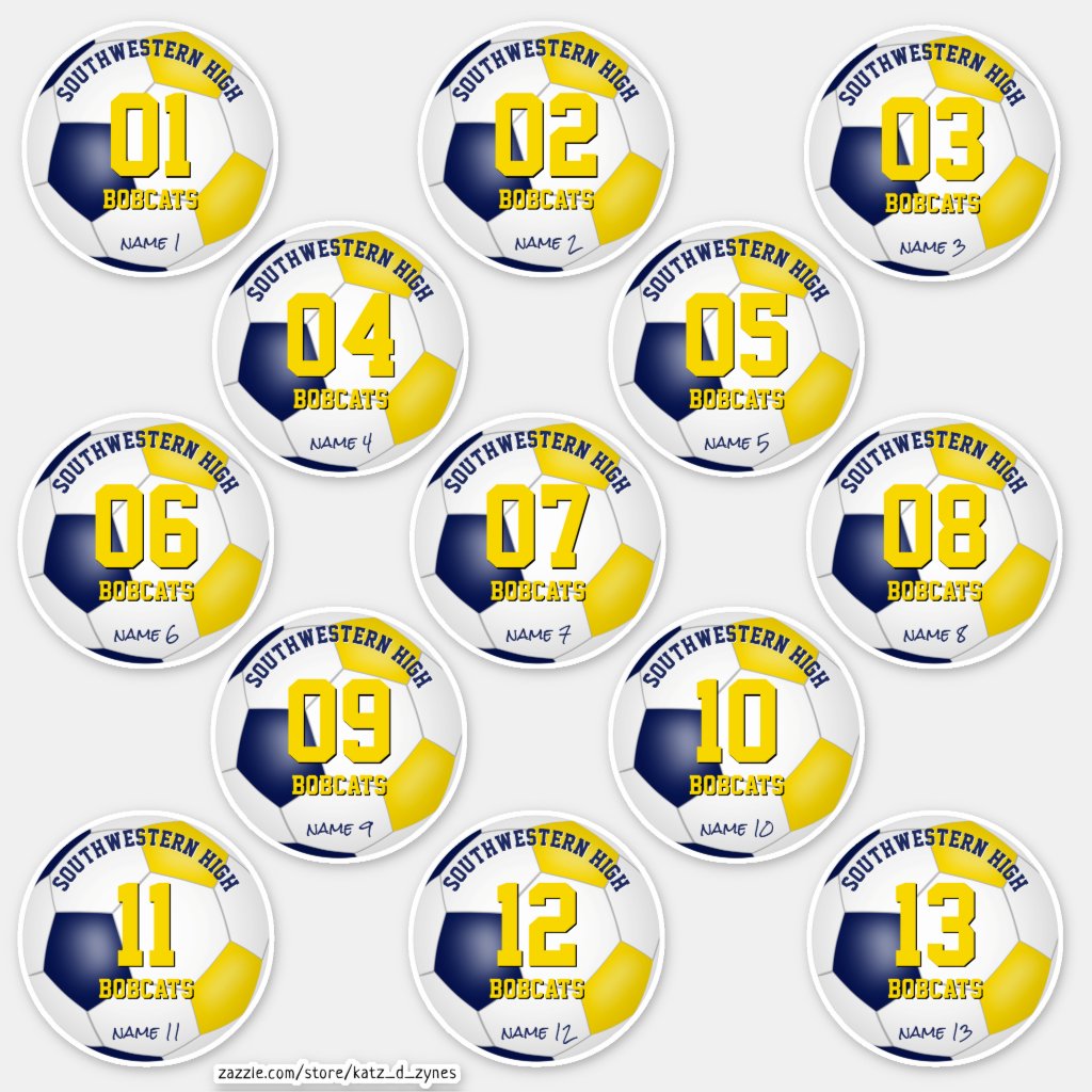 blue gold soccer team gift ideas set of 13 stickers