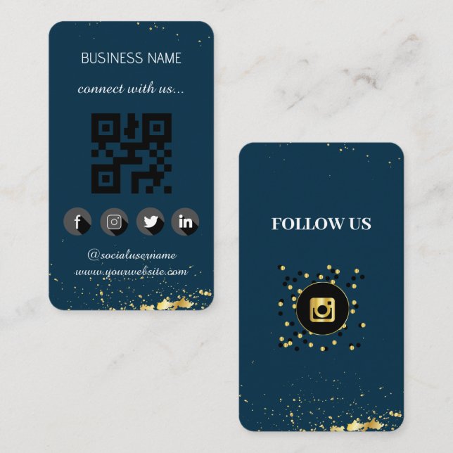 Blue gold  -Social Media QR Code  Business Card (Front/Back)