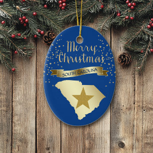 Blue Gold South Carolina Star Ceramic Ornament