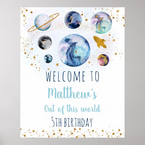 Blue Gold Space Birthday Welcome Poster