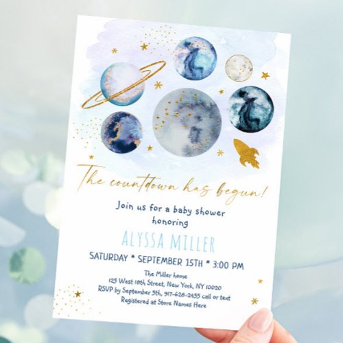 Blue Gold Space Countdown Has Begun Baby Shower Invitation