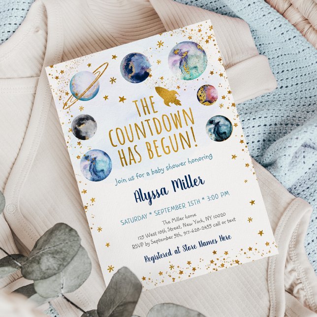 Blue Gold Space Countdown Has Begun Baby Shower Invitation (Creator Uploaded)