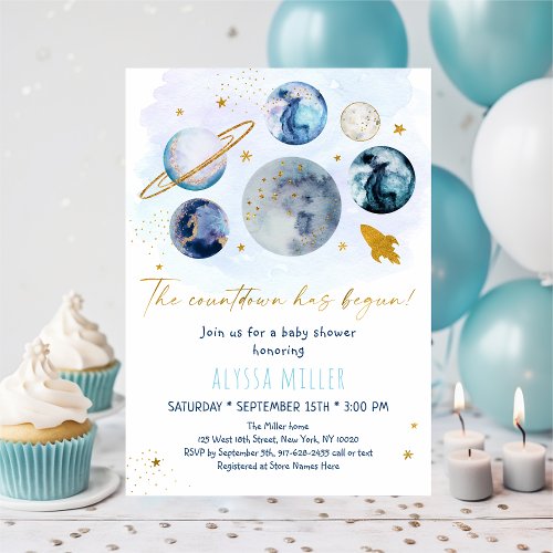 Blue Gold Space Countdown Has Begun Baby Shower Invitation