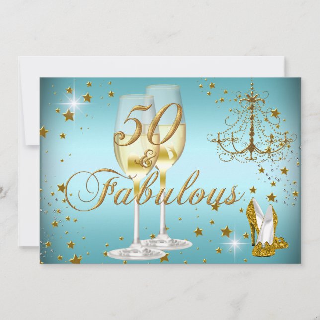 Blue Gold Sparkle 50 & Fabulous Birthday Invite (Front)