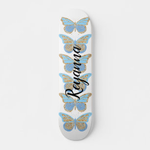 Blue Gold Sparkle Butterflies Personalized Skateboard