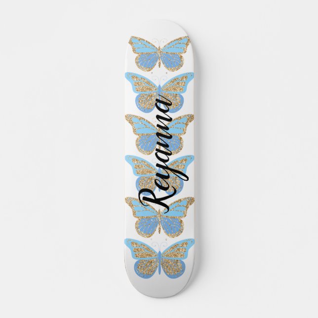 Blue Gold Sparkle Butterflies Personalized Skateboard (Front)