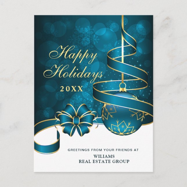 Blue Gold Sparkle Christmas Corporate Greeting Postcard (Front)
