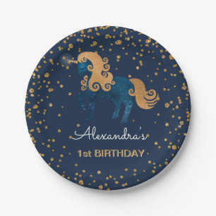 Blue & Gold Sparkle Confetti Unicorn 1st Birthday Paper Plates