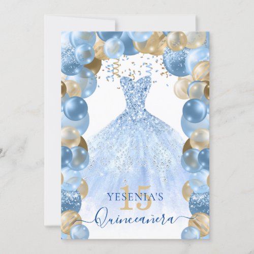 Blue Gold Sparkle Dress Quinceaera Balloon Invitation