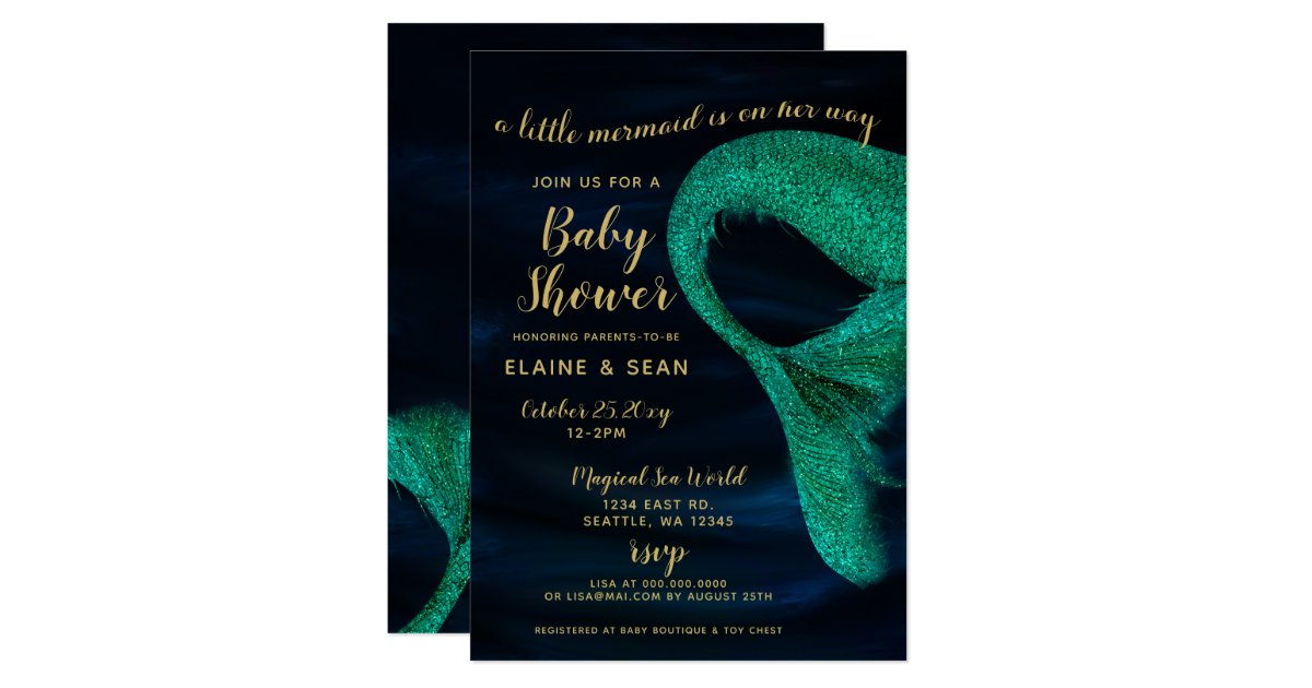 Blue Gold Sparkle Mermaid Baby Shower Invitation