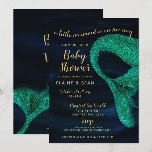 Blue Gold Sparkle Mermaid Baby Shower Invitation (Front/Back)